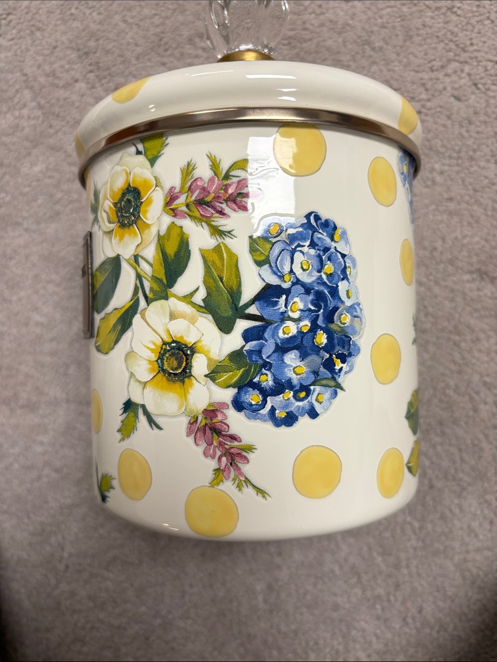MacKenzie-Childs Yellow Polka Dot & Blue Floral Canister with Gold Label - Picture 5 of 11